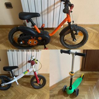 Lote bici sin pedales, bici infantil y patinete