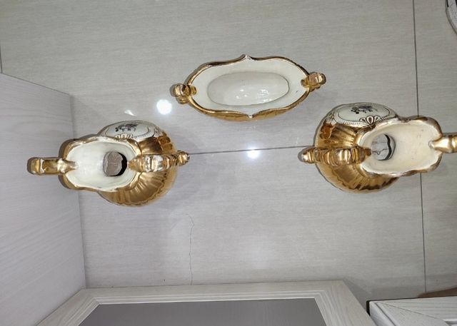 Set 3 vasi d'epoca in ceramica dorati con decori