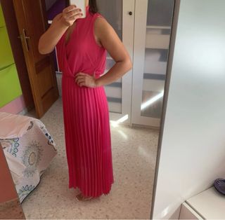 Vestido rosa gasa forrado plisado talla única