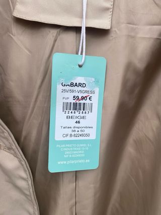 Gabardina Beige Mujer T46 Nueva con Etiqueta. 