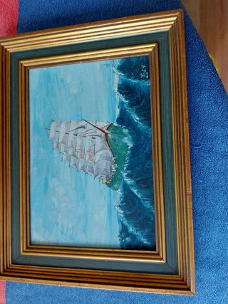 Cuadro al óleo velero en mar agitado