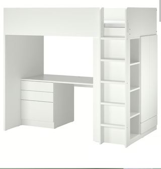 Cama alta Ikea blanca con escritorio