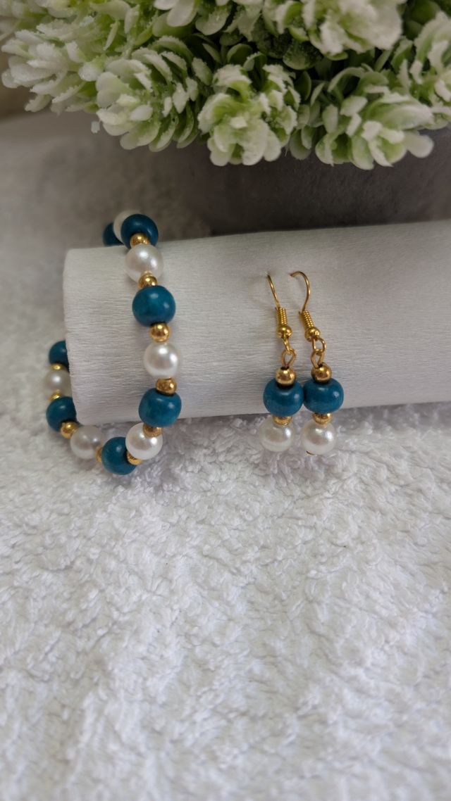 Conjunto Pulsera y Pendientes Turquesa y Perla