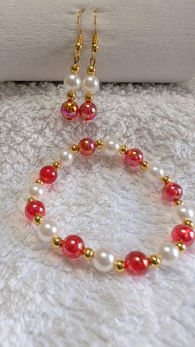 Conjunto Joyas Perlas Blancas y Rojas Brillantes