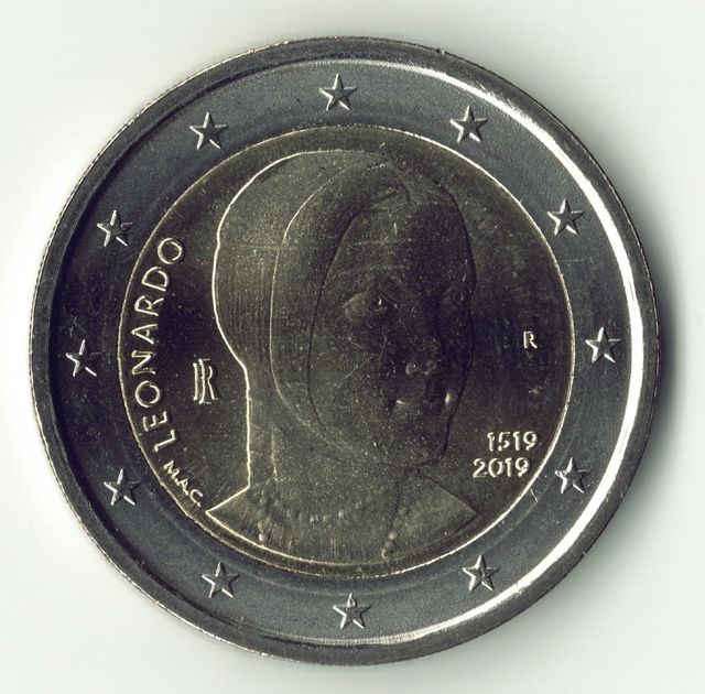 Moeda de 2 euros Itália 2019, UNC. Leonardo da Vinci