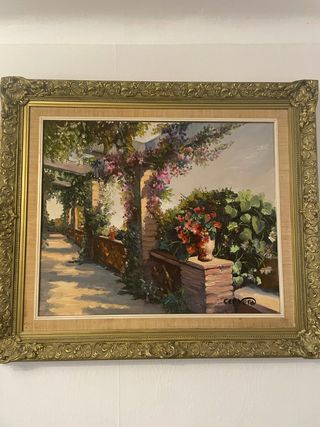 Cuadro de paisaje con flores y pérgola