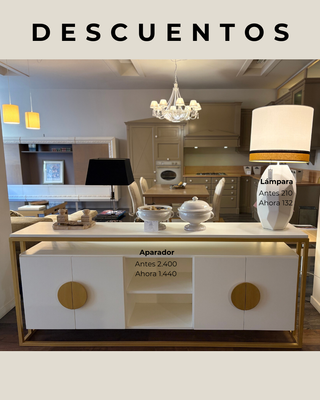 Aparador blanco y dorado y lámpara