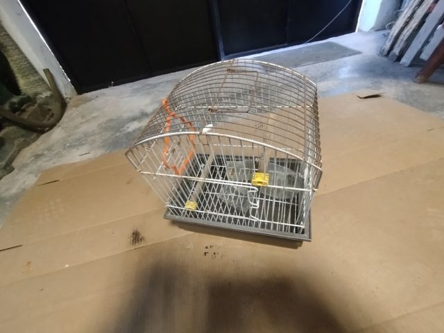 Jaula para pájaros plateada y naranja