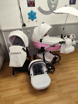Carro de bebé 3 piezas blanco y rosa