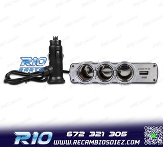 ADAPTADOR MECHERO COCHE 12V 3 ENTRADAS + USB