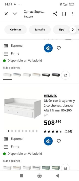 HEMNES Diván blanco/madera 80x200cm + colchones
