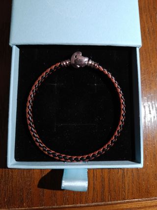 PULSERA ACERO LEÓN CUERO MARRÓN Y PLATA.