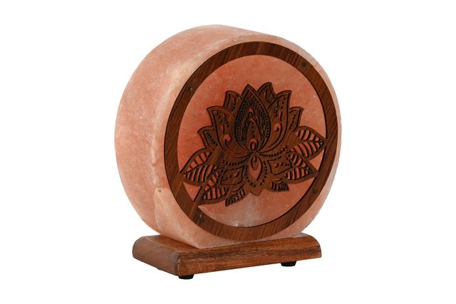 Lámpara Sal Himalaya Flor de Loto Madera