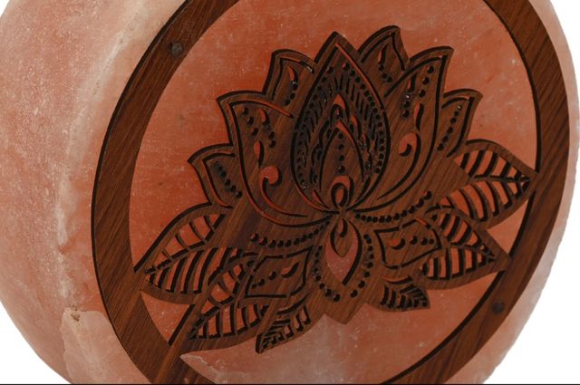 Lámpara Sal Himalaya Flor de Loto Madera