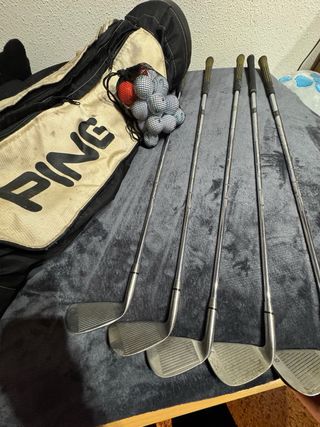 Palos de golf con bolsa y pelotas y carrito