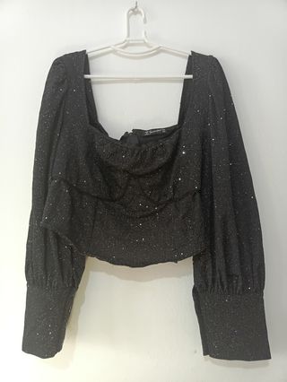 Camisa fiesta negra brillante manga larga