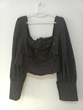 Camisa fiesta negra brillante manga larga