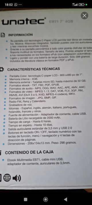 Ebook Unotec EB71 Blanco+ cargador+ Nuevo en Caja