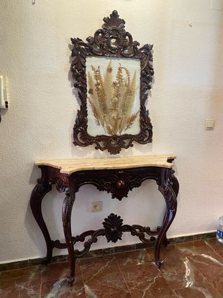 Mesa consola antigua de madera y mármol