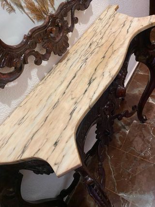 Mesa consola antigua de madera y mármol