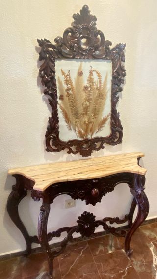 Mesa consola antigua de madera y mármol