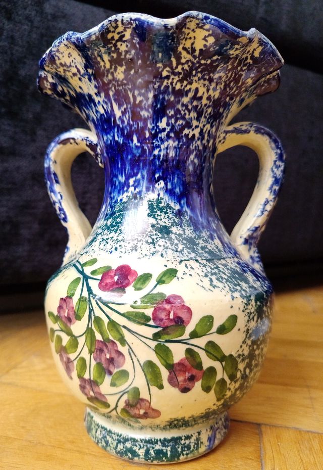 Jarrón Cerámica Flores Rosas Azul Verde