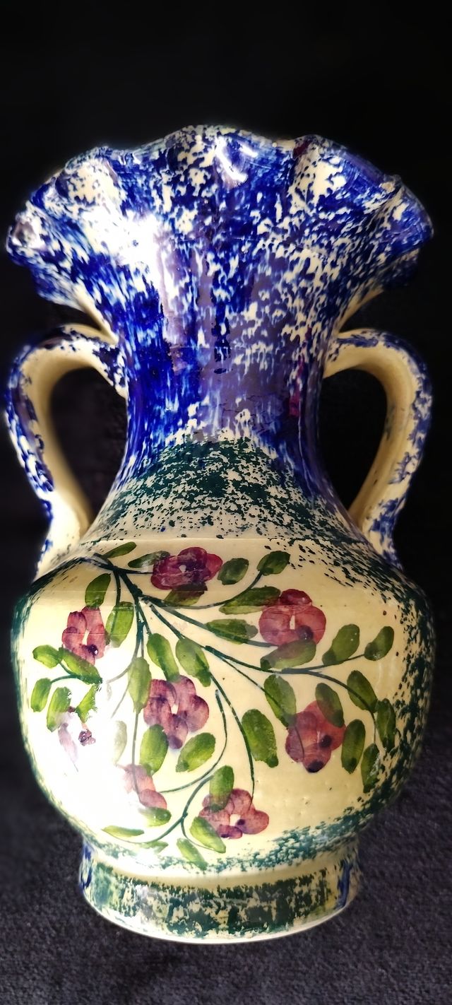 Jarrón Cerámica Flores Rosas Azul Verde