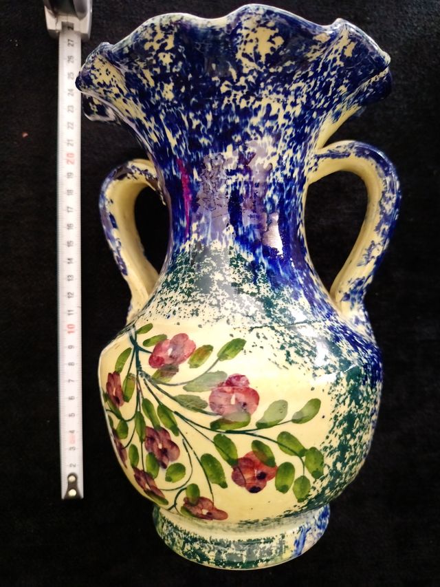 Jarrón Cerámica Flores Rosas Azul Verde