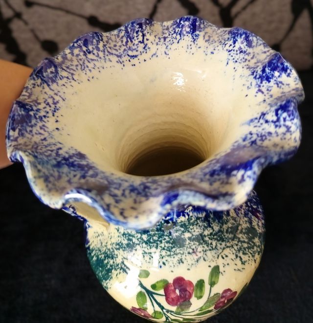 Jarrón Cerámica Flores Rosas Azul Verde