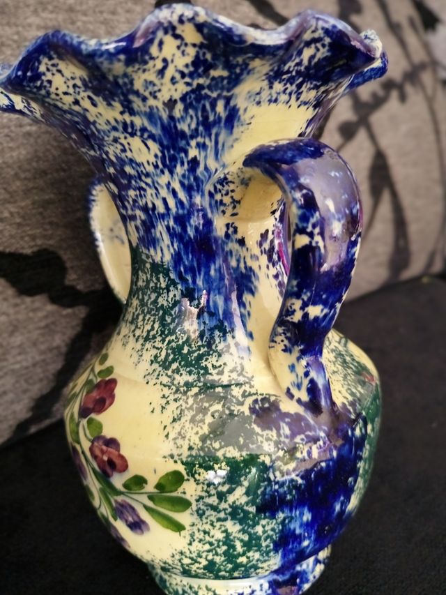 Jarrón Cerámica Flores Rosas Azul Verde