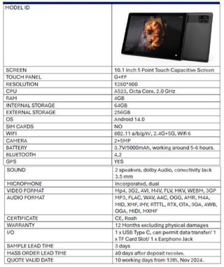 Tablet A ESTRENAR 10.1 Android 14 4GB RAM 64GB