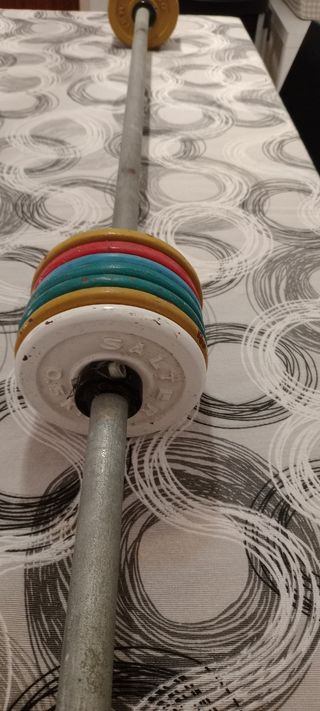 Barra de pesas con discos de colores