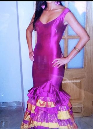 Traje Flamenca Seda Buganvilla y Mostaza