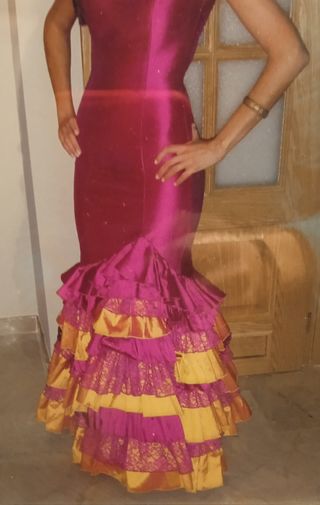 Traje Flamenca Seda Buganvilla y Mostaza