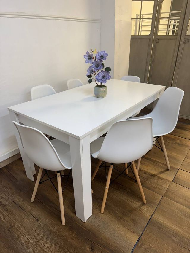 Mesa Comedor 140 x 80 y 6 Sillas Blancas