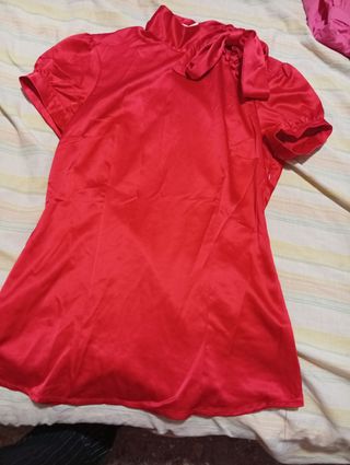 Camisa seda roja lazo cuello estilo japonés