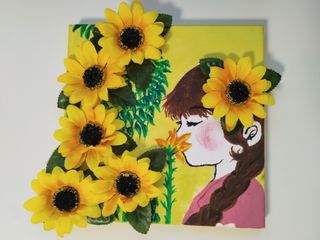 Cuadro óleo chica con girasoles hecho a mano