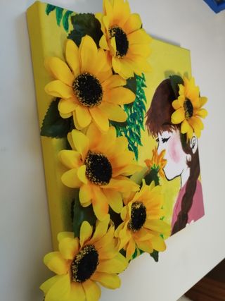 Cuadro óleo chica con girasoles hecho a mano