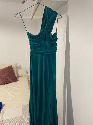 Vestido de fiesta largo verde azulado con abertura