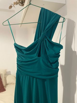 Vestido de fiesta largo verde azulado con abertura