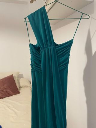 Vestido de fiesta largo verde azulado con abertura