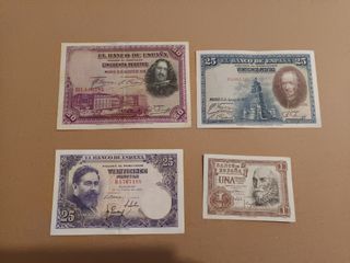 Billetes antiguos españoles: 50, 25, 25 y 1 Peseta