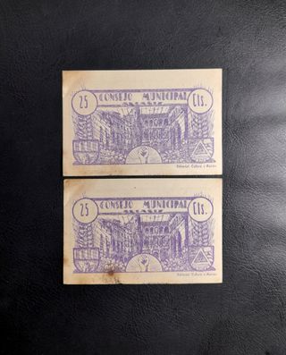 🇪🇸 Pareja Billetes 25 Cts. Alcañiz 1937