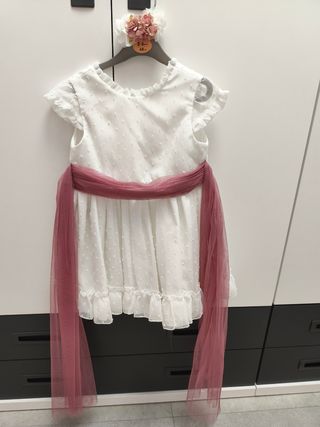 Vestido fiesta niña blanco con fajín rosa
