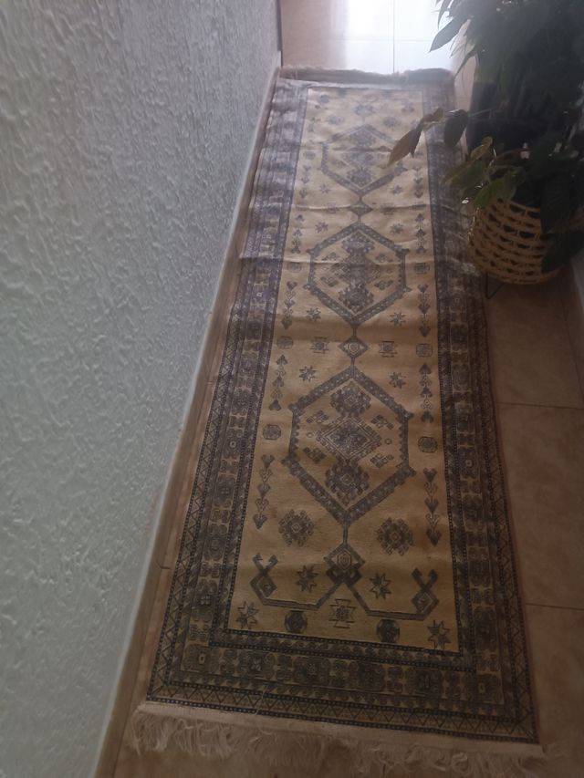 Alfombra de pasillo beige y gris