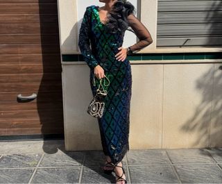 Vestido fiesta lentejuelas verde y negro

