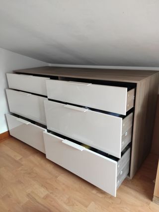 Cómoda 6 cajones madera y blanco