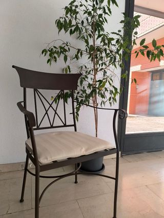 Silla de hierro forjado con cojín beige.
