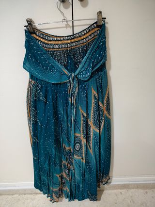 Falda larga boho dorada y verde azulado