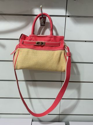 Borsa estiva intrecciata beige e rosa